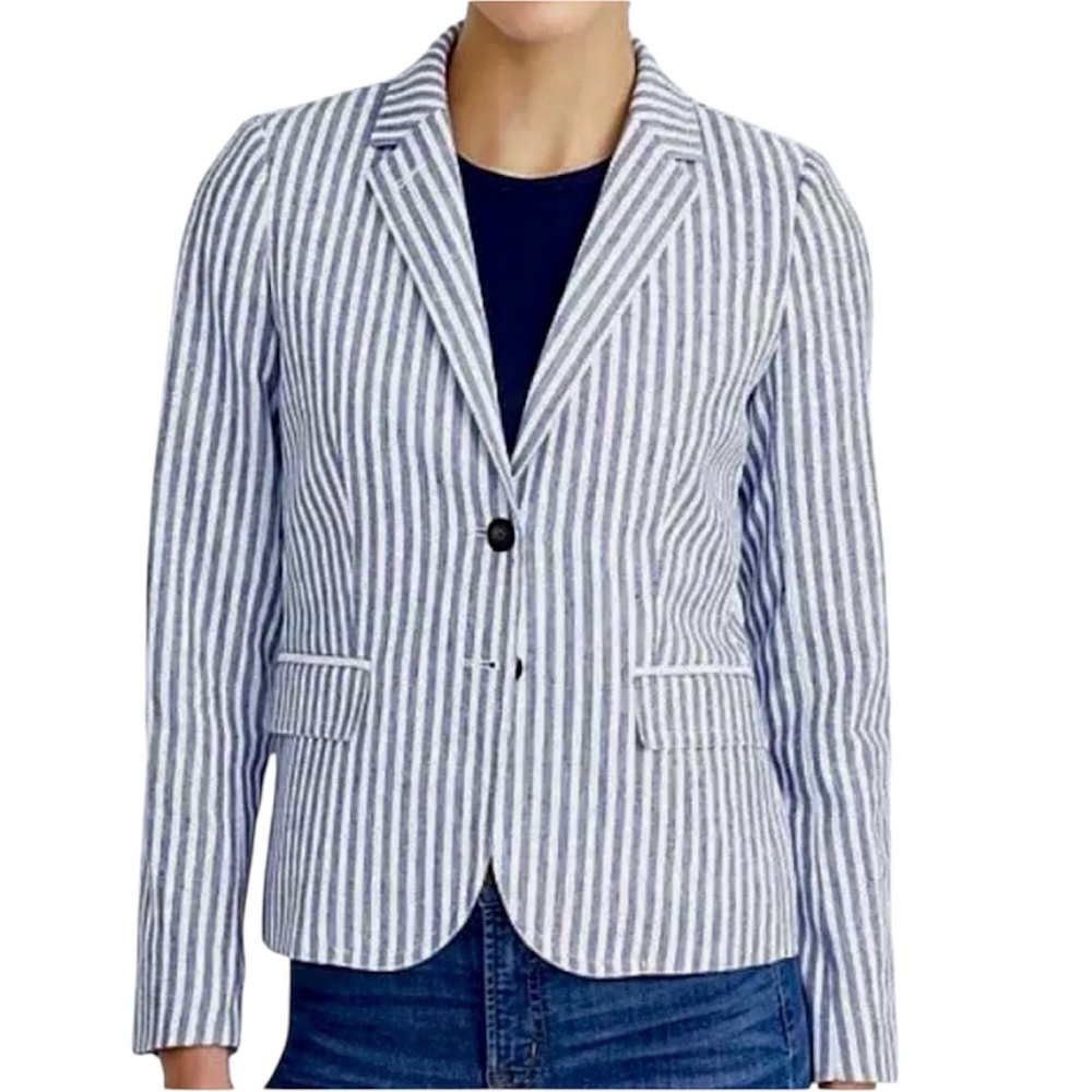 J. Crew Blue and White Striped Cotton Blend Blazer - Picture 3 of 10
